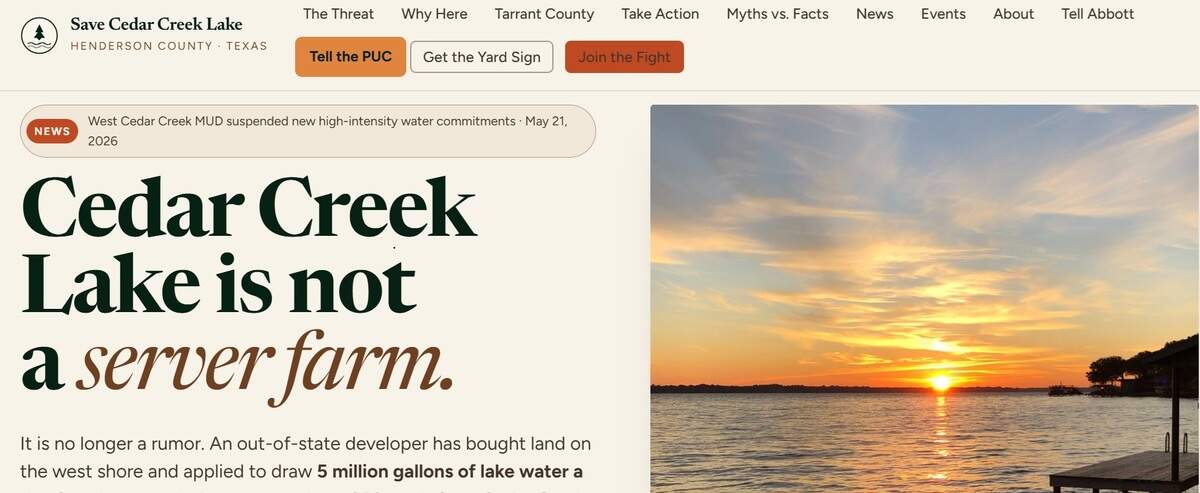 The website homepage for the Save Cedar Creek Lake group opposing the proposed data center development near Tool, Texas.